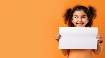 Young girl with blank paper orange background Space for text