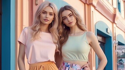 Wall Mural - Pastel clad young women featured in fashionable street portrait