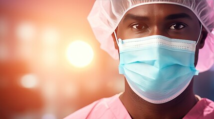 Poster - Smiling African male surgeon in scrubs wearing a mask looking at camera abstract pink background