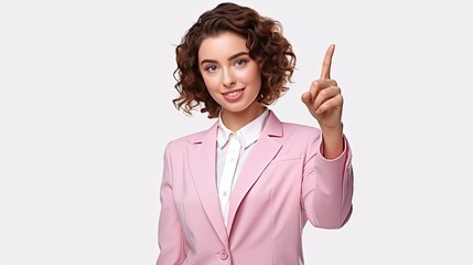 Poster - A happy girl student in a pink suit stands on a white background and points upwards to promote a product