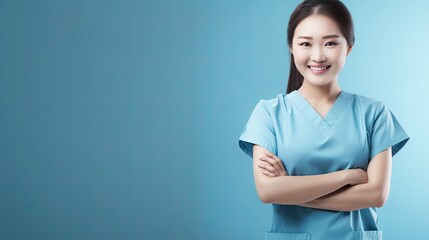 Poster - Asian female nurse posing in scrub with crossed arms on blue background Healthcare beauty physiotherapy banner