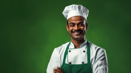 Indian male chef with a warm smile isolated on green background