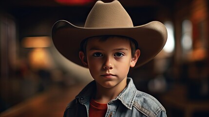 Poster - Portrait of a boy wearing a cowboy hat with selective focus and space for text