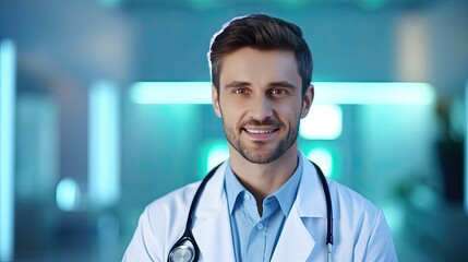 Wall Mural - Smiling young male doctor in white uniform looking at camera against blue glowing background