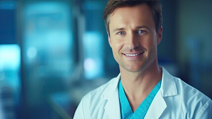 Smiling male doctor in white clinic looking at camera blue glowing background