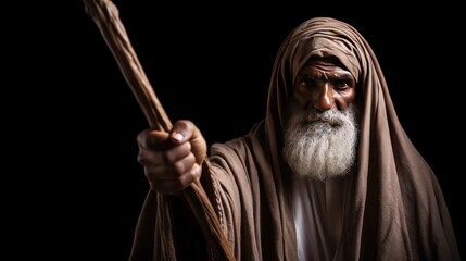 An isolated prophet holding a staff against a black background Ample space available