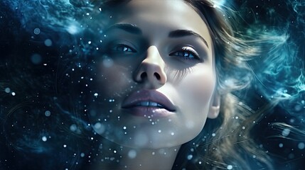Attractive woman s face against a celestial backdrop