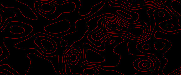 Wall Mural - Topographic map contour in lines and contours. The concept of a conditional geography scheme and the terrain path. Red on black. Ultra wide size. Vector illustration 