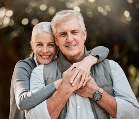 Sticker - Happy, portrait and senior couple hug at a park, free and enjoy travel, holiday or weekend outdoor. Face, smile and elderly woman embrace man in forest, bond or having fun on retirement trip together