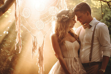 Bride and groom, boho wedding style with dreamcatchers