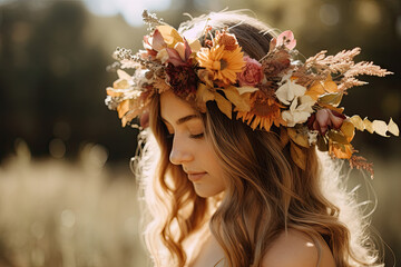 Close up of the bride's flower crown featuring fall foliage and delicate blooms. 