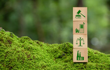 Wooden Block With Environmental Law Icons. Concept Of International Law Environmental Protection, Environmental Impact Assessment, Eco Friendly Law, Eco Balance, Business Corporate And Industry,