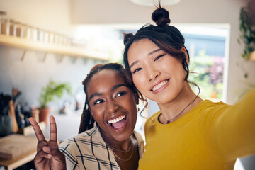 Poster - Peace sign, friends and selfie with woman in living room for social media, relax and diversity. Smile, happiness and profile picture with portrait of people at home for content creator and influencer