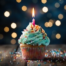 Cream Cupcakes Closeup, Cream Cupcakes With Birthday Candles Closeup, Birthday Cake Closeup, Birthday Greeting Card Cover