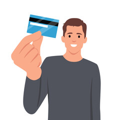 Happy young businessman showing credit, debit, ATM card. Man making raised hand fist gesture. Male character design illustration. Human emotions, facial expressions.