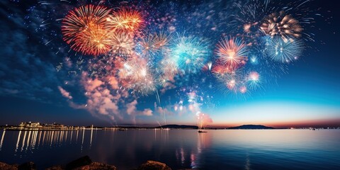 Poster - Gold and silver fireworks on New Year's Eve in the nighttime sky.