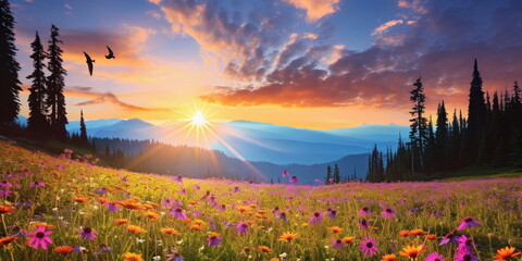 Wall Mural - beautiful colorful flowers on wild field at morning drops of dew and sun beam light