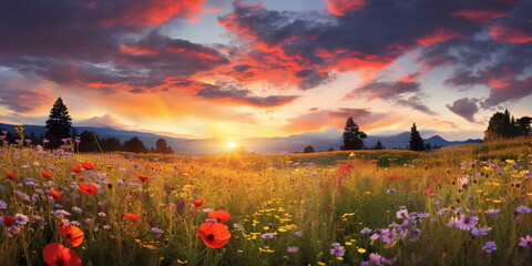 Wall Mural - beautiful colorful flowers on wild field at morning drops of dew and sun beam light