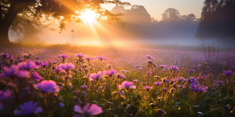 Wall Mural - beautiful colorful flowers on wild field at morning drops of dew and sun beam light