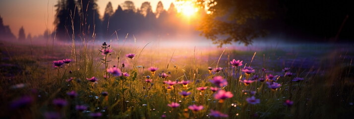 Wall Mural - beautiful colorful flowers on wild field at morning drops of dew and sun beam light