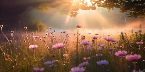 Wall Mural - beautiful colorful flowers on wild field at morning drops of dew and sun beam light