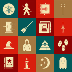 Set Ghost, Magic runes, Dagger, Ancient magic book, Witches broom, Trunk for tricks, Spider web and icon. Vector