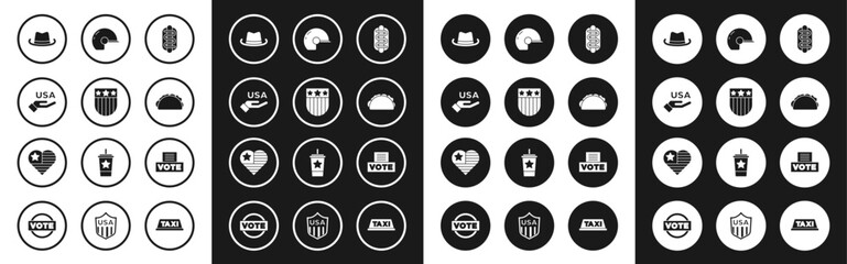 Sticker - Set Hotdog sandwich, Shield with stars, USA Independence day, Western cowboy hat, Taco tortilla, Baseball helmet, Vote box and icon. Vector