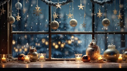  window sill Christmas decorated with strings of twinkling lights and hanging snowflake ornaments