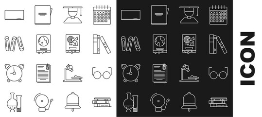 Sticker - Set line Office folders with papers and documents, Glasses, Graduate graduation cap, World map school blackboard, Paper clip, Chalkboard and Board graph chart icon. Vector