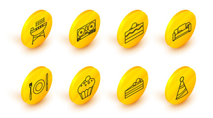 Sticker - Set line Party hat, Cake, Muffin, Plate, fork and knife, Sofa, DJ remote playing mixing music and Barbecue grill icon. Vector