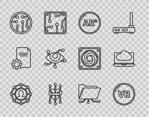 Poster - Set line Project team base, Virtual reality, Ar, augmented, Processor, Folder and lock and Cloud technology data transfer storage icon. Vector