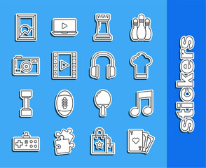 Sticker - Set line Playing card with heart symbol, Music note, tone, Chef hat, Chess, Video, Photo camera, Picture landscape and Headphones icon. Vector