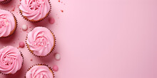 Top View Of Cupcakes With Pink Buttercream Frosting On Pink Background With Copy Space, Ai Generated