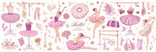 Hand Drawn Sketch Ballet Set. Vector Illustration Of Ballerina And Ballet Studio Elements Isolated On Background