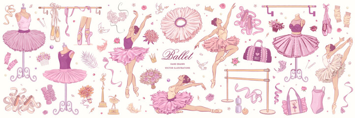 Wall Mural - Hand drawn sketch ballet set. Vector illustration of ballerina and ballet studio elements isolated on background