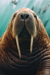 Close up of walrus in water with whiskers and white fangs.
