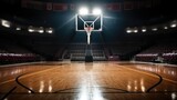 Basketball court, Empty basketball arena with dramatic lighting.