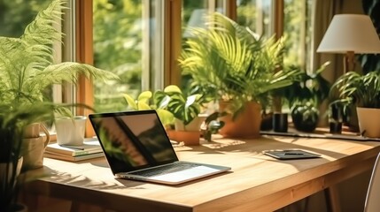 Aufkleber - Modern workplace with laptop computer on wooden table.