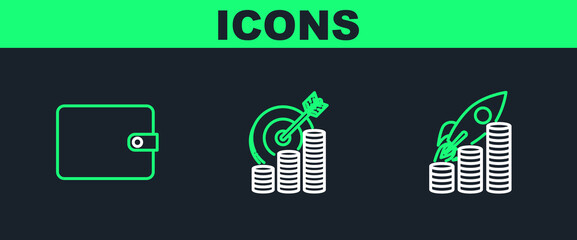 Sticker - Set line Rocket flying up on coins growth chart, Wallet and Target with symbol icon. Vector