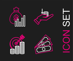 Poster - Set line Stacks paper money cash, Target with coin symbol, Money hand and bag diagram graph icon. Vector