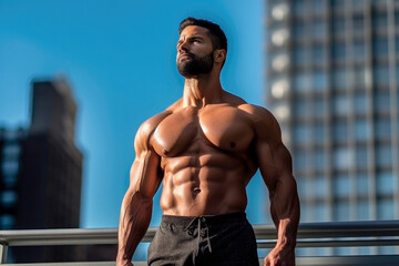 Сonfident beautiful strong handsome muscular man during sportive workout outdoors