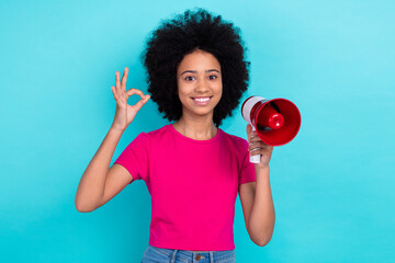 Poster - Portrait of little satisfied kid with afro hair dressed stylish t-shirt hold megaphone show okey isolated on blue color background