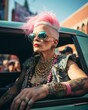 © Santijago - Urban punk style of mature lady with pastel color hairstyle and serious expression is sitting in a car and wearing punk attire. Summer concept of a music festival.