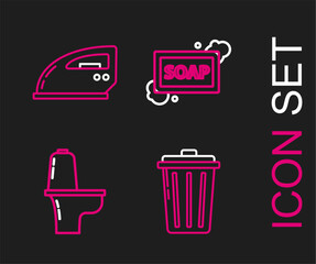 Poster - Set line Trash can, Toilet bowl, Bar of soap with foam and Electric iron icon. Vector