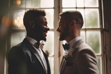 Lgbt wedding of two happy satisfied multiethnic gay couple