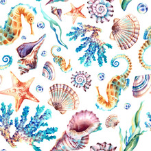 Seamless Pattern Of Marine Animals. Seashells, Seahorse, Starfish. Watercolor Illustration. Background. Collage.