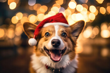 Portrait of christmas dog wearing santa hat with bokeh background