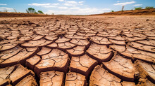 Drought Land, Dry Soil Ground In Desert Area With Cracked Mud In Arid Landscape. Shortage Of Water, Climate Change, Global Warming Concept, No People Close Up.