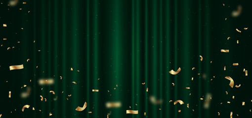 Wall Mural - Green curtain background. Golden confetti banner and ribbon. Celebration grand openning party happy concept. Vector illustration