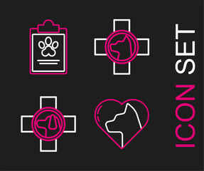 Sticker - Set line Heart with cat, Veterinary clinic symbol, and Clipboard medical clinical record pet icon. Vector